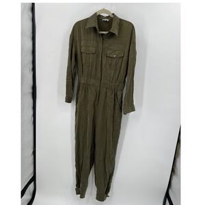 LilySilk Olive 100% Mulberry Silk Utility Jumpsuit Medium Sandwashed Safari